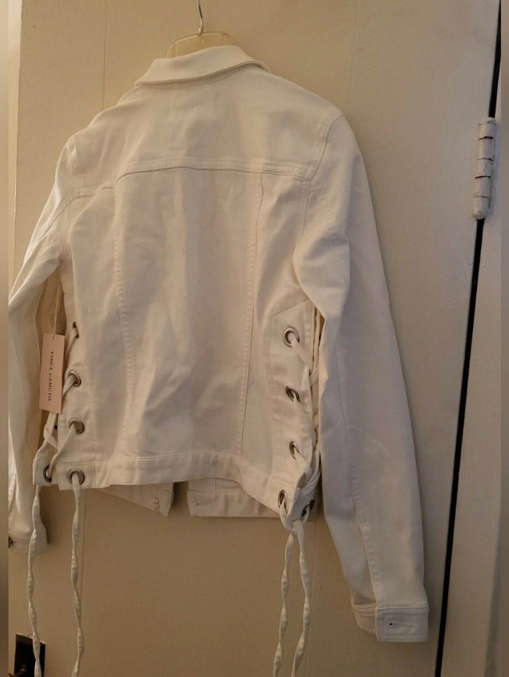 VINCE CAMUTO Womens White Point Collar Denim Jacket  Side Lace Detail Sz XS Nwt - Picture 11 of 12